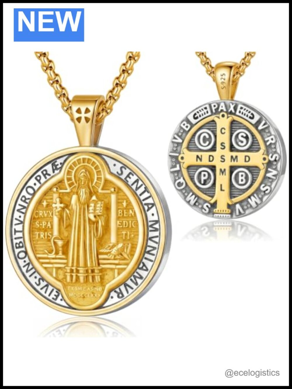 St Benedict Medal Necklace 18k Gold Plated 925 Sterling Silver Cross Pendant